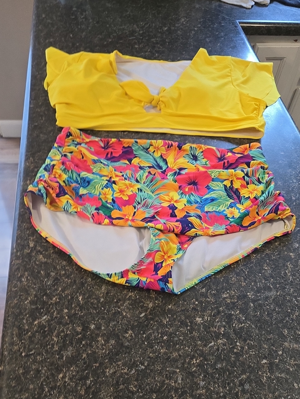 Yellow Bikini Top with Tropical Floral High-Waist Bottoms